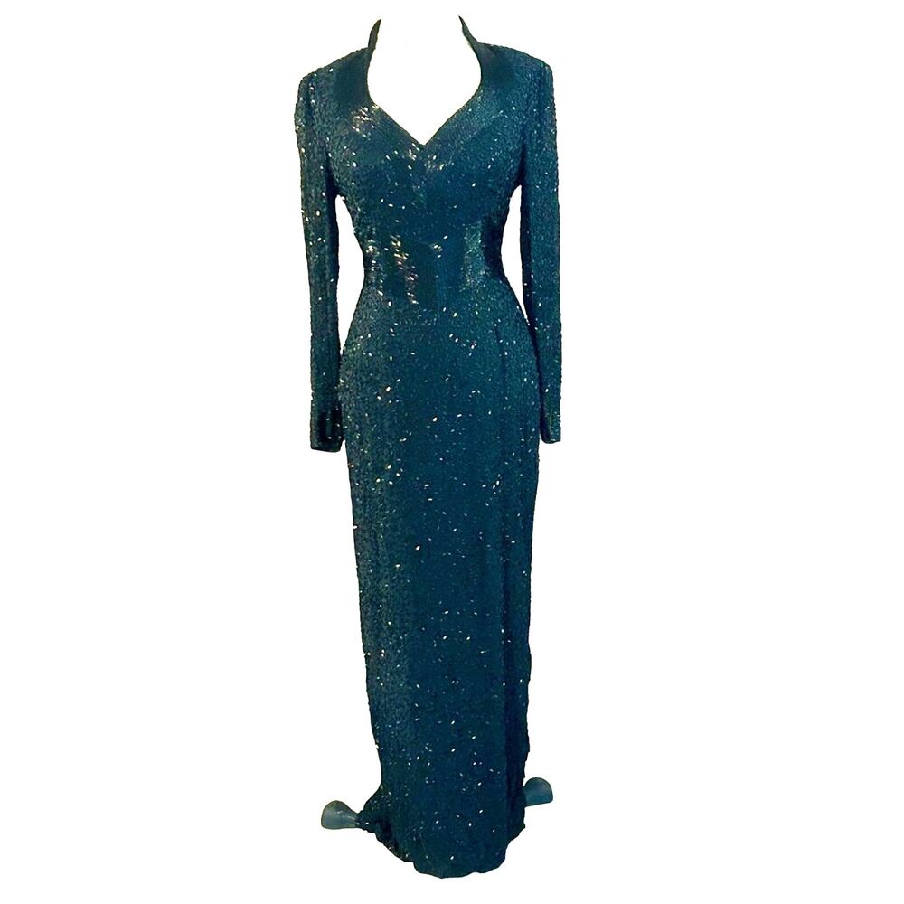 NEW Lillie Rubin fully beaded black sequin gown open back long sleeve dress S